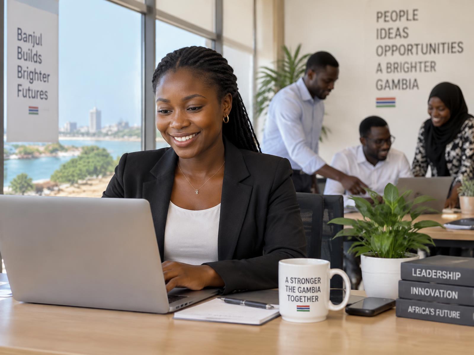 Professionals collaborating in a Gambian workplace